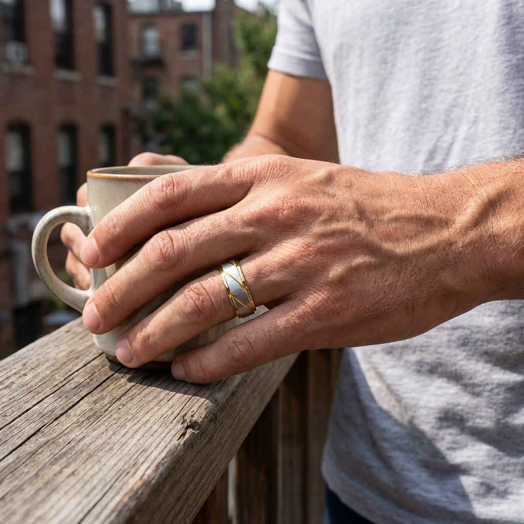 Textured Titanium Steel Golden Ring | 18K Real Gold PVD Plated– For Men | Includes: Ring