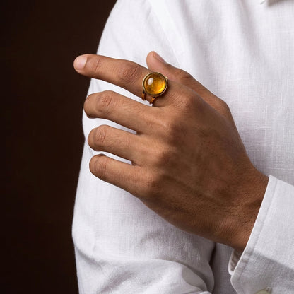 Yellow Quartz Real Stone Flexi Size Golden Ring | 18K Real Gold PVD Plated– For Men | Includes: Ring