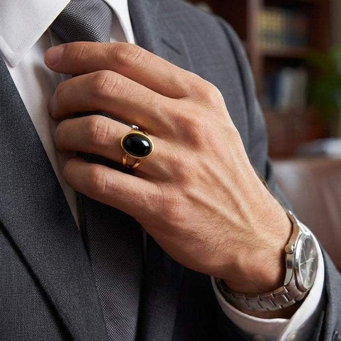 Black Onyx Stone Golden Dual Band Oval Ring | 18K Real Gold PVD Plated– For Men | Includes: Ring