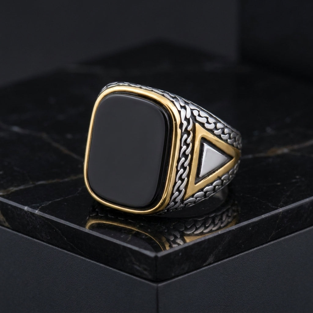 Real Black Stone Everyday Titanium Steel Ring | PVD Plated– For Men | Includes: Ring