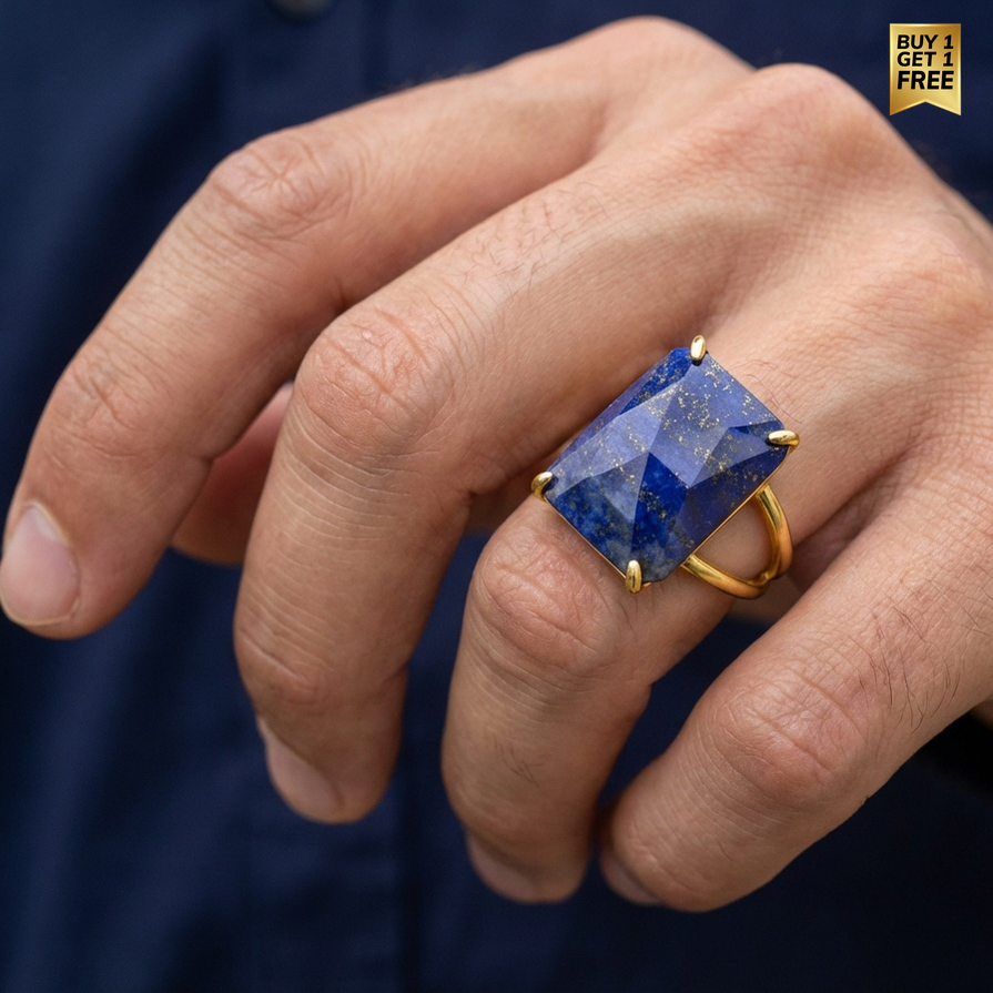 BOLD Natural Lapis Stone Golden Flexi Size Ring | 18K Real Gold PVD Plated– For Men | Includes: Ring
