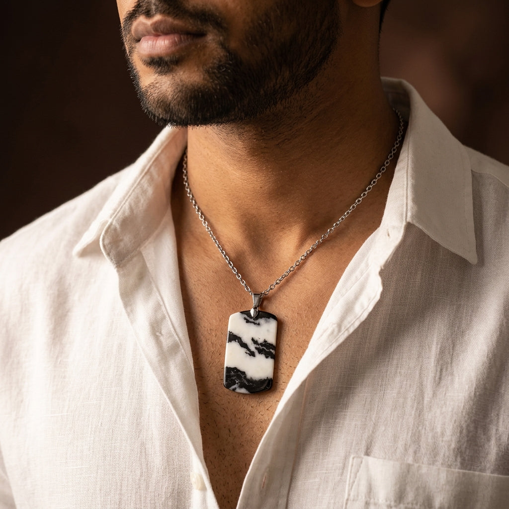 Zebra Jasper REAL Stone Men's Necklace | Stainless Steel - For Men| Includes: Necklace