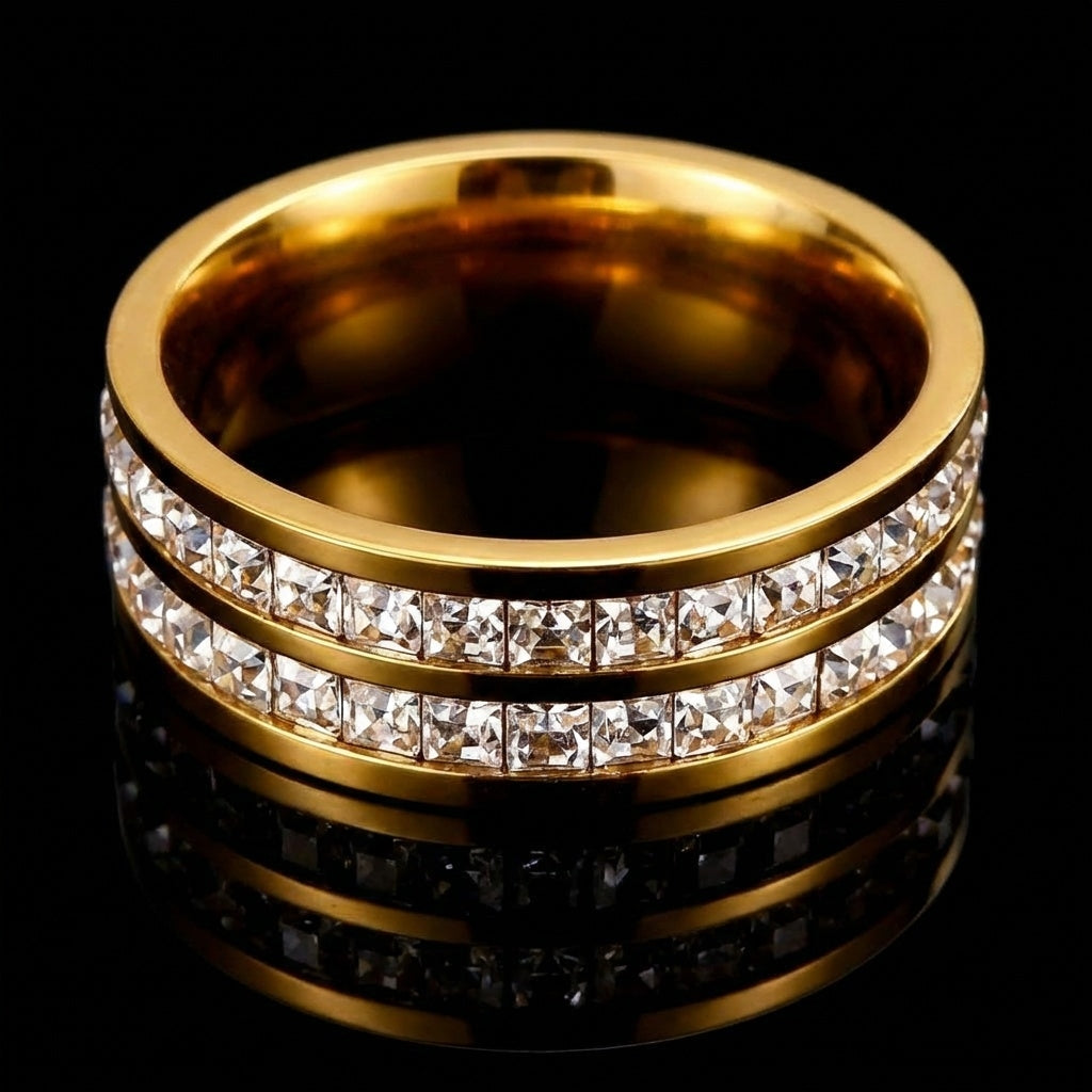 Zircon Line Titanium Steel Golden Ring | 18K Real Gold PVD Plated– For Men | Includes: Ring