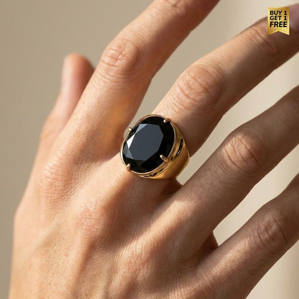 Natural Black Onyx Faceted Stone Golden Flexi Size Ring | 18K Real Gold PVD Plated– For Men | Includes: Ring