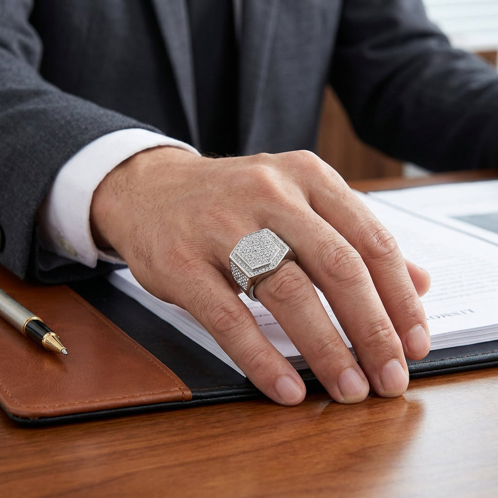 Silverish Hexagon Micro Zircon Bold Steel Ring | PVD Plated– For Men | Includes: Ring