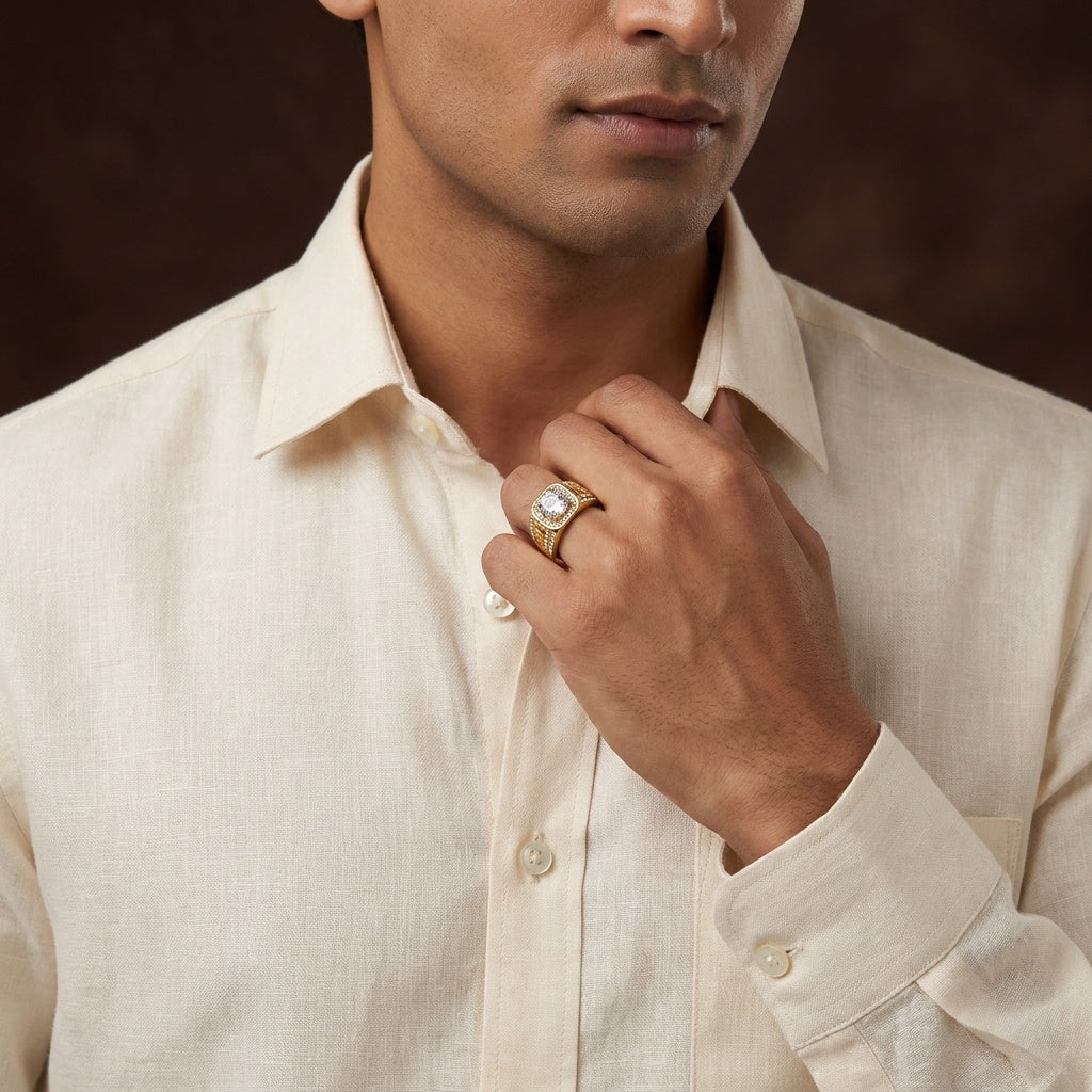 Classic Heritage Clear Zircon Ring | 18K Real Gold PVD Plated– For Men | Includes: Ring