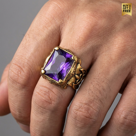 Purple Zircon BOLD Iranian Golden Titanium Ring | 18K Real Gold PVD Plated– For Men | Includes: Ring