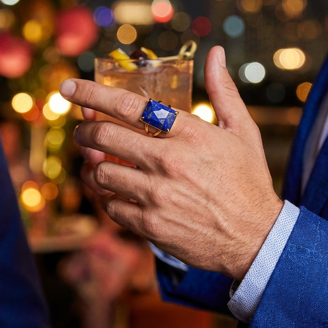 BOLD Natural Lapis Stone Golden Flexi Size Ring | 18K Real Gold PVD Plated– For Men | Includes: Ring