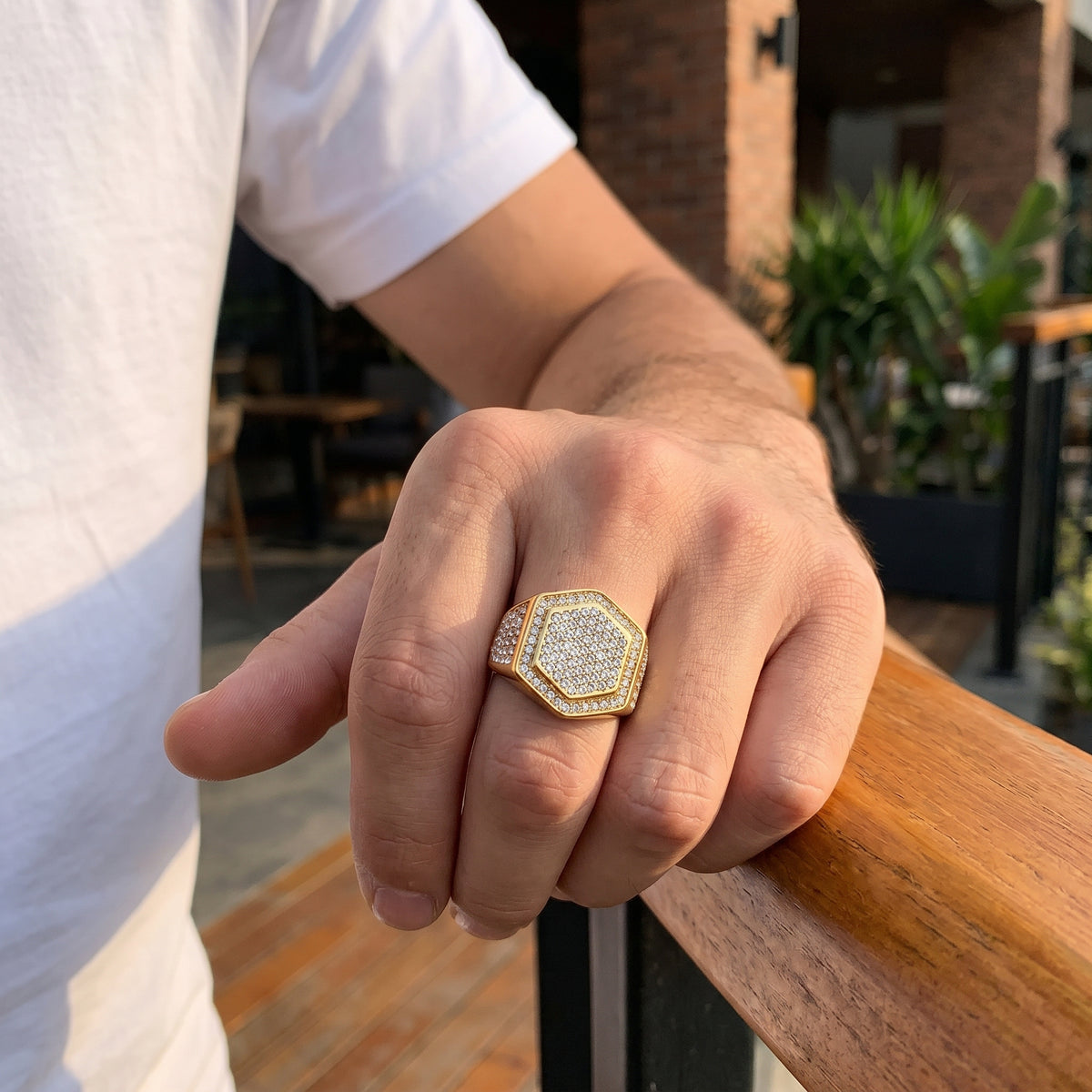 Golden Hexagon Micro Zircon Bold Steel Ring | 18K Real Gold PVD Plated– For Men | Includes: Ring