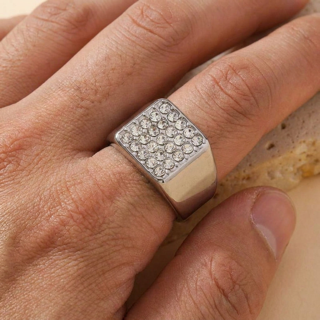 Titanium Multi Zircon Square Inlay Steel Ring | PVD Plated– For Men | Includes: Ring