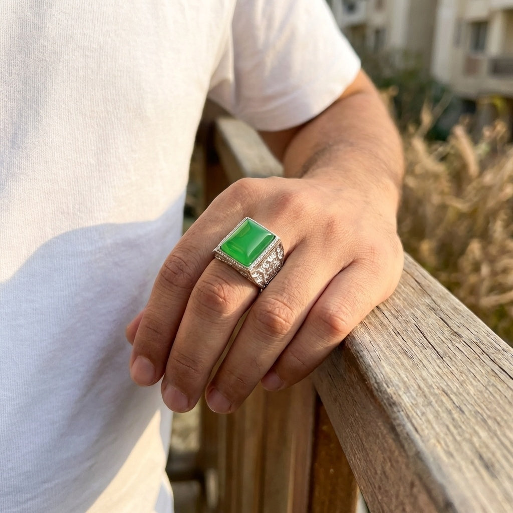 Natural BOLD Chalcedony Stone Flexi Size Ring | 925 Silver PVD Plated– For Men | Includes: Ring