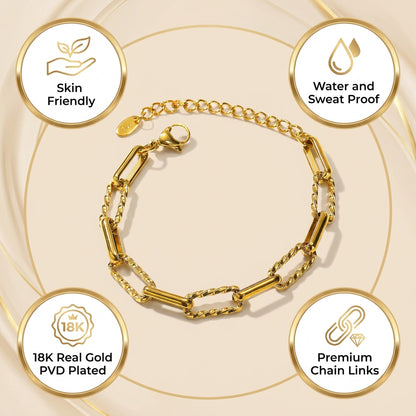 Wide Link Everyday Flexi Size Golden Steel Bracelet | 18K PVD Gold Plated- For Men | Includes: Bracelet