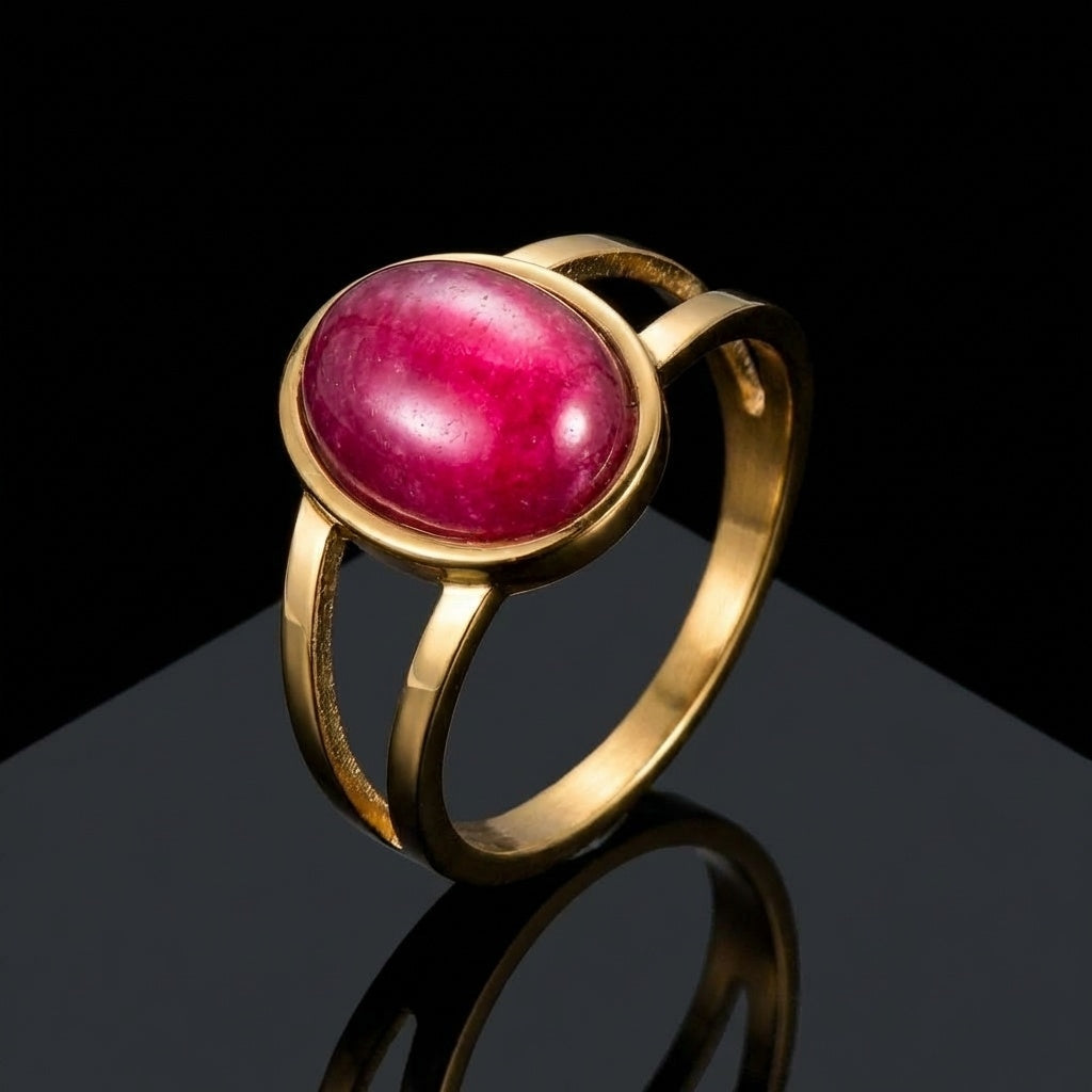 Pink Aventurine Stone Golden Dual Band Oval Ring | 18K Real Gold PVD Plated– For Men | Includes: Ring
