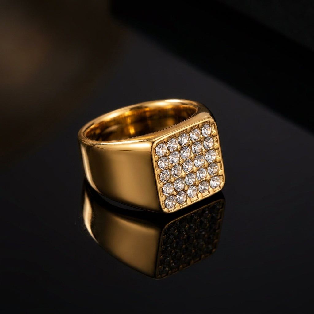 Golden Multi Zircon Square Inlay Steel Ring | 18K Real Gold PVD Plated– For Men | Includes: Ring
