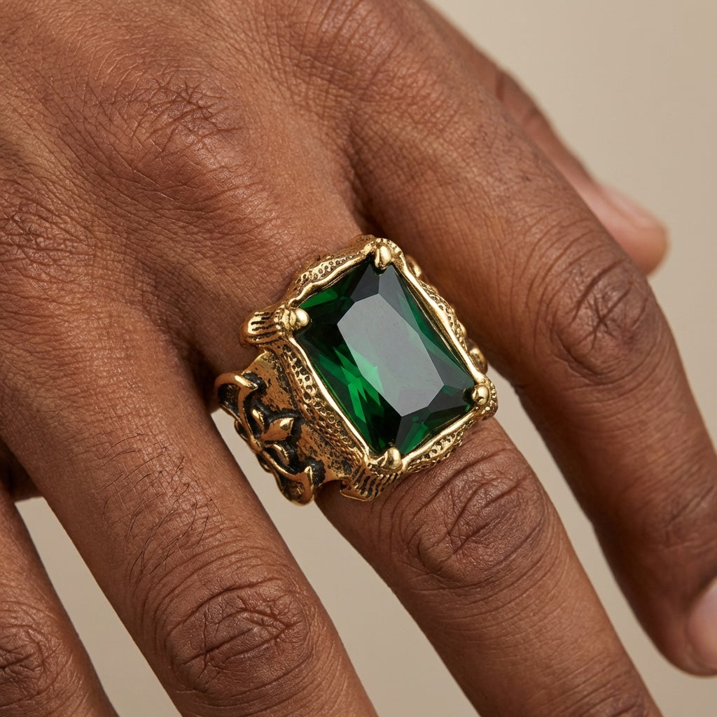 Green Zircon BOLD Iranian Golden Titanium Ring | 18K Real Gold PVD Plated– For Men | Includes: Ring