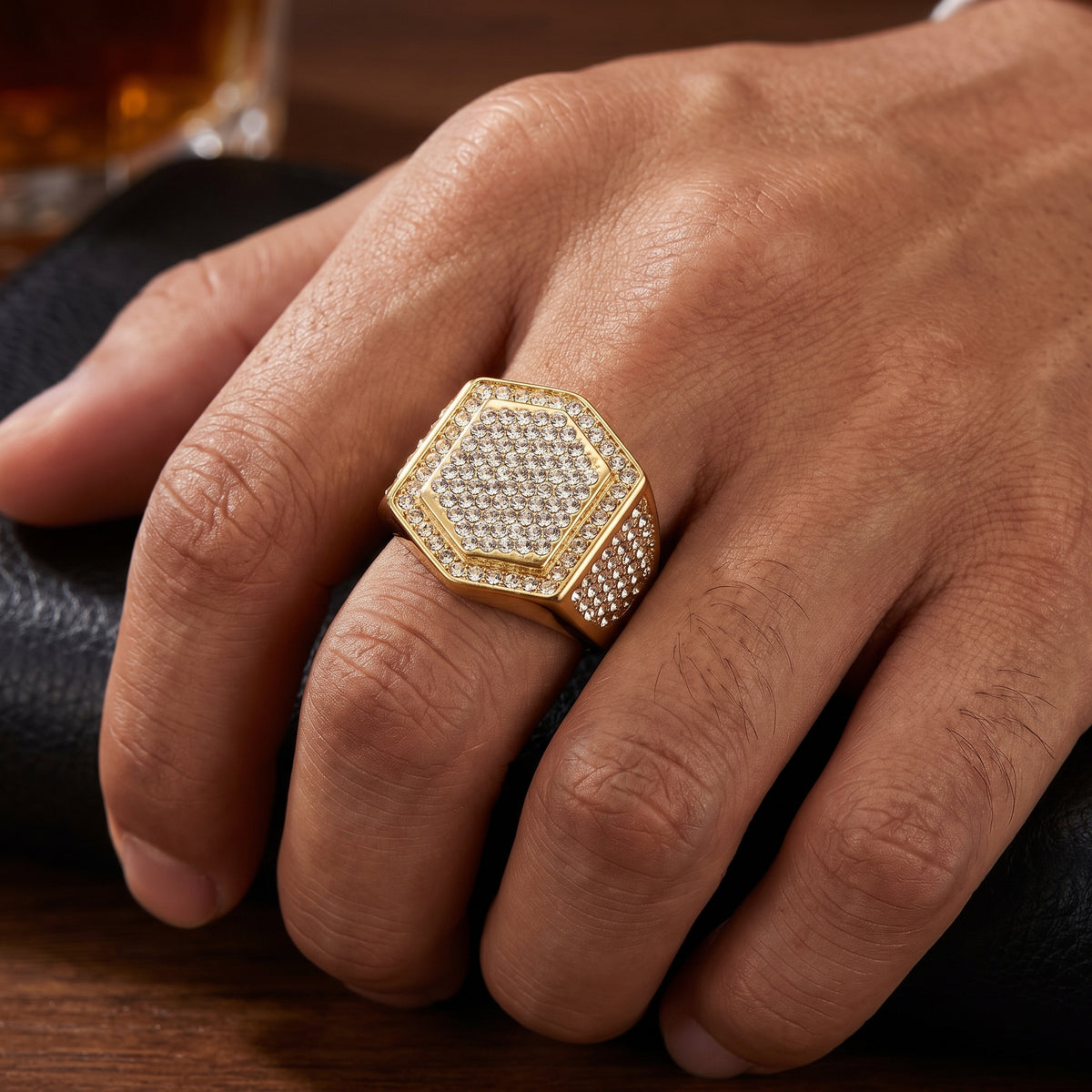 Golden Hexagon Micro Zircon Bold Steel Ring | 18K Real Gold PVD Plated– For Men | Includes: Ring