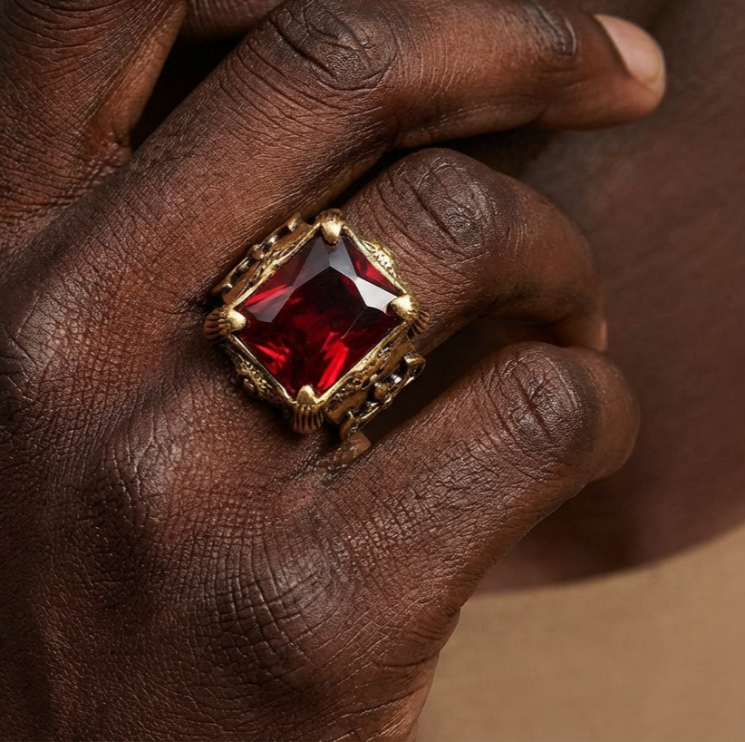 Red Zircon BOLD Iranian Golden Titanium Ring | 18K Real Gold PVD Plated– For Men | Includes: Ring