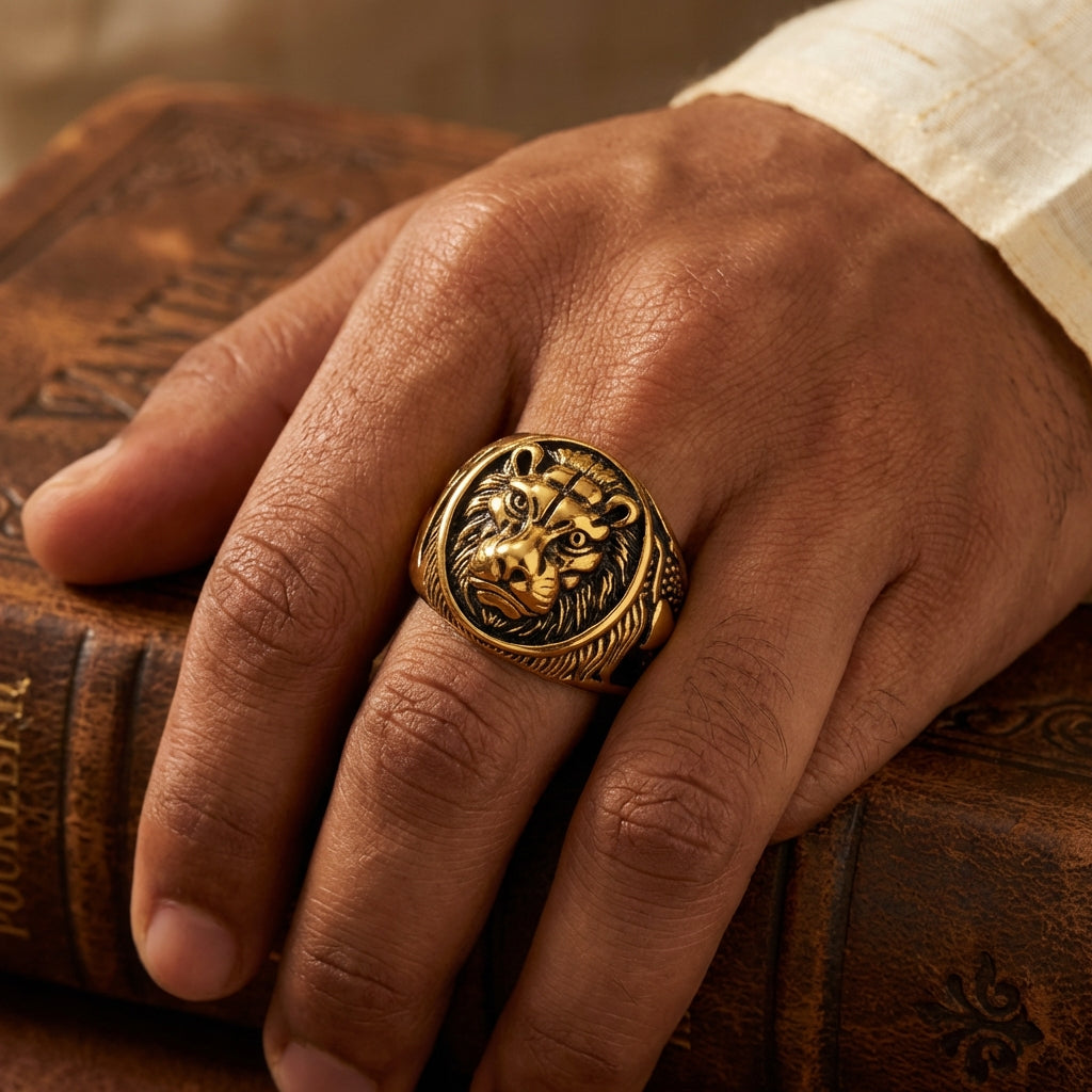 Bold Masculine Tiger Golden Steel Ring | 18K PVD Gold Plated– For Men | Includes: Ring