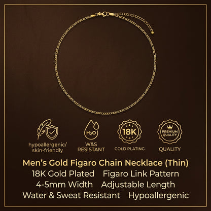 Golden Figaro Lean Steel Chain (3mm) | 18K PVD Gold Plated- For Men| Includes: Necklace