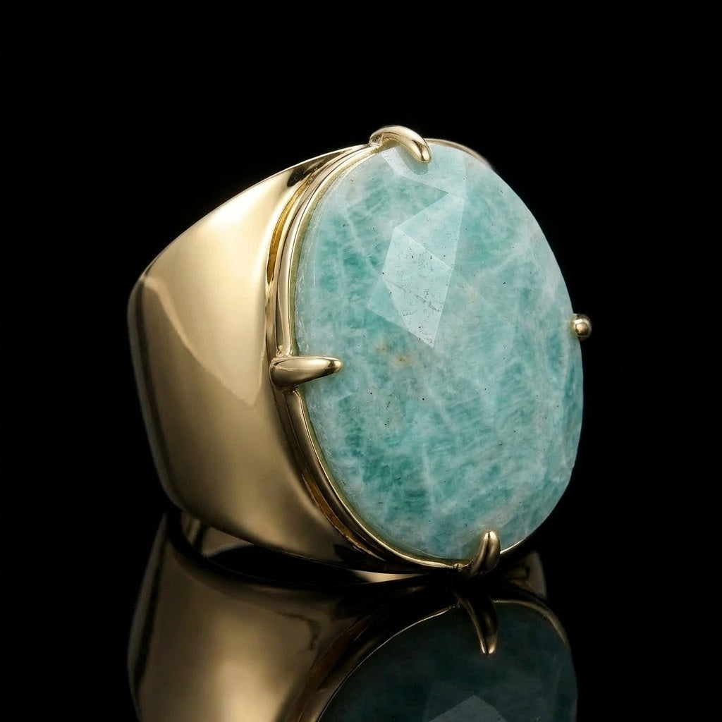Natural Amazonite Faceted Stone Golden Flexi Size Ring | 18K Real Gold PVD Plated– For Men | Includes: Ring
