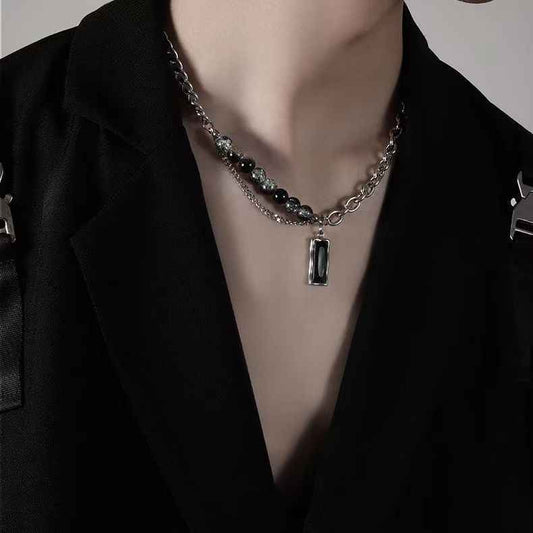 Obsidian Rectangular Pendant Necklace | Stainless Steel- For Men | Includes: Necklace
