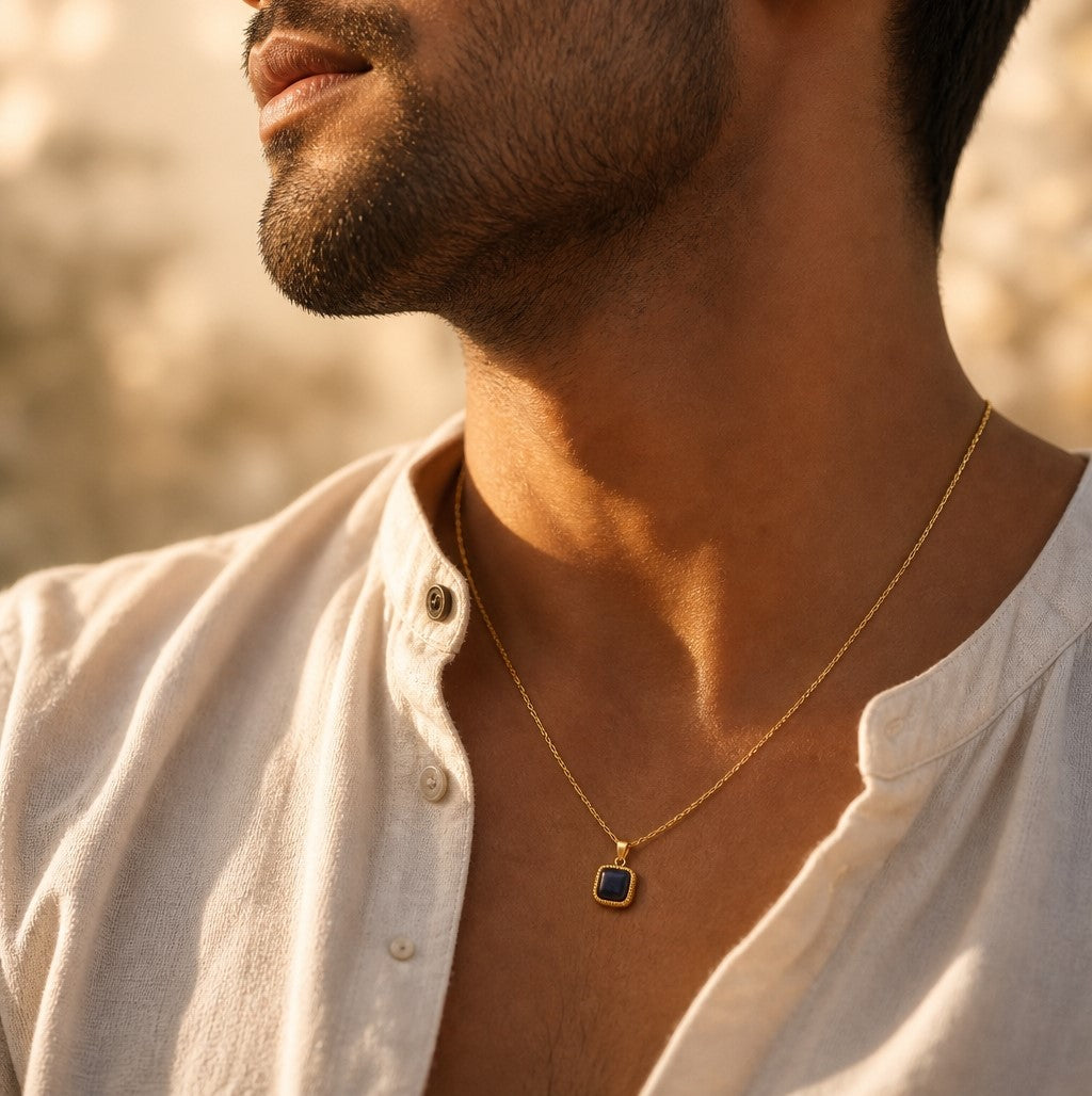 Blue Sandstone Center Piece Men's Dainty Necklace | 18K PVD Gold Plated - For Men| Includes: Necklace