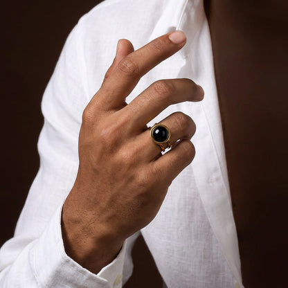 Black Onyx Stone Flexi Size Golden Ring | 18K Real Gold PVD Plated– For Men | Includes: Ring