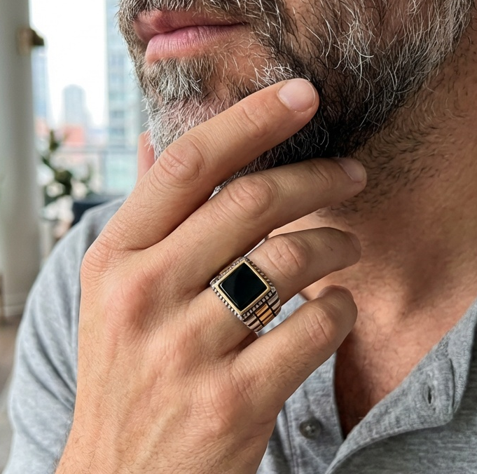 Natural Black Obsidian Stone Pyramid Ring | TITANIUM STEEL– For Men | Includes: Ring