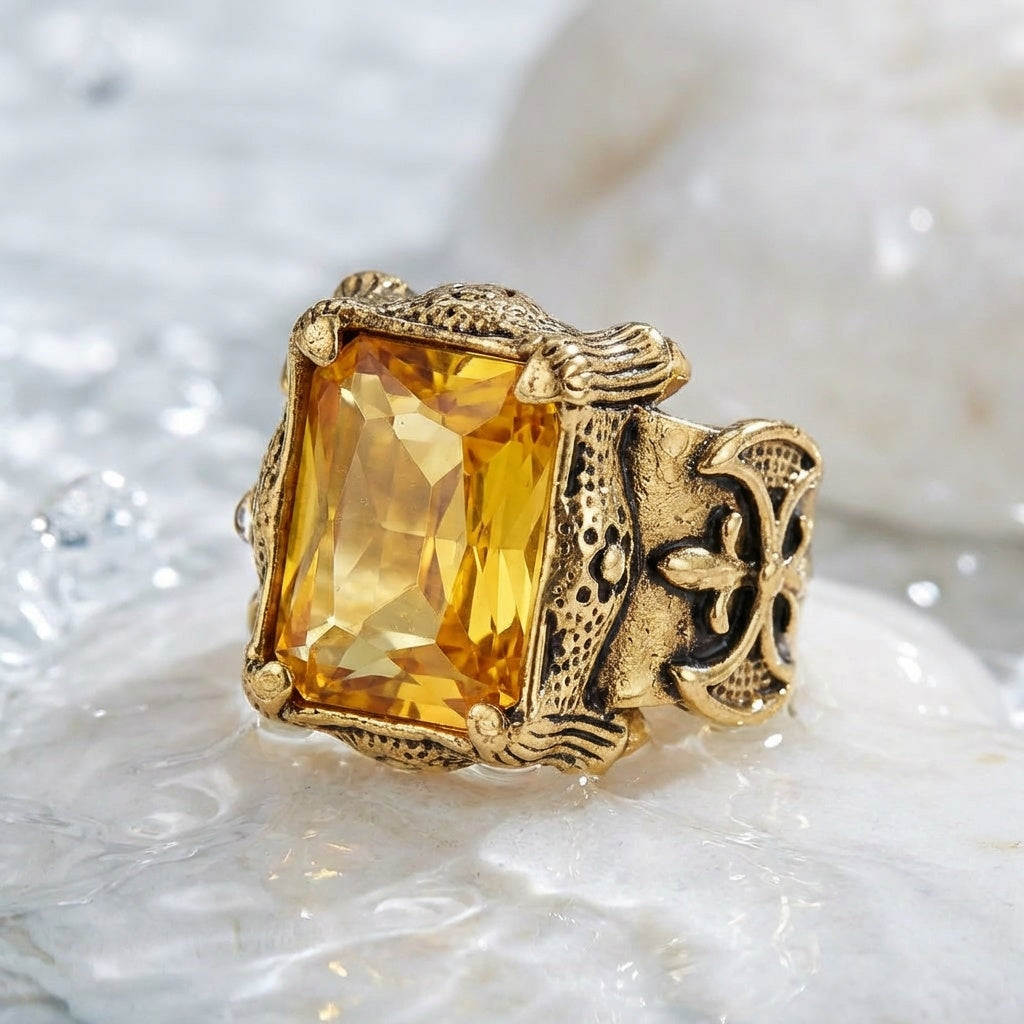 Yellow Zircon BOLD Iranian Golden Titanium Ring | 18K Real Gold PVD Plated– For Men | Includes: Ring
