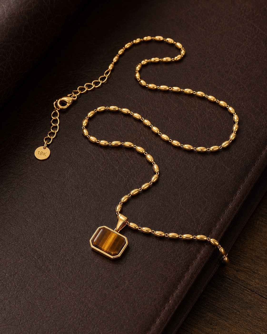 Tiger Eye REAL Stone Men's Necklace | 18K PVD Gold Plated - For Men| Includes: Necklace