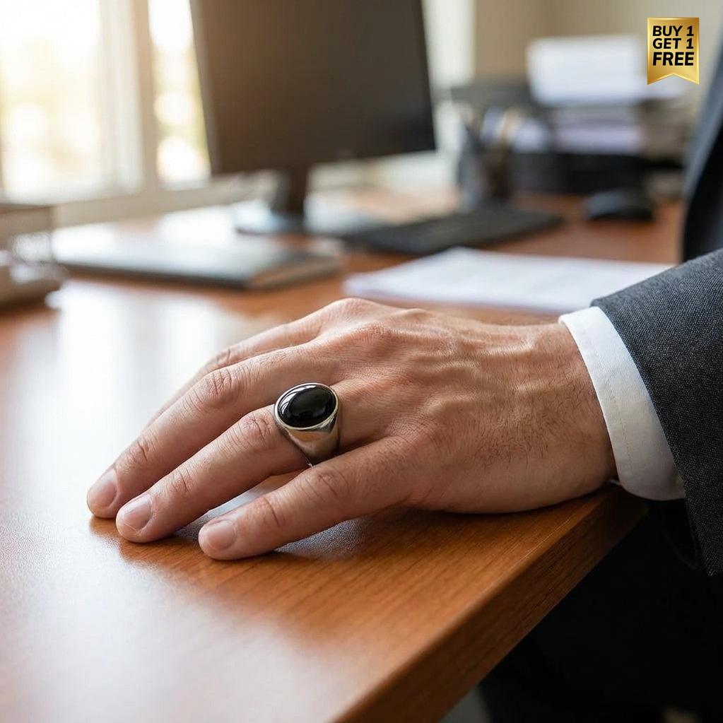 Natural BOLD Black Onyx Stone Golden Titanium Steel Ring | PVD Plated– For Men | Includes: Ring