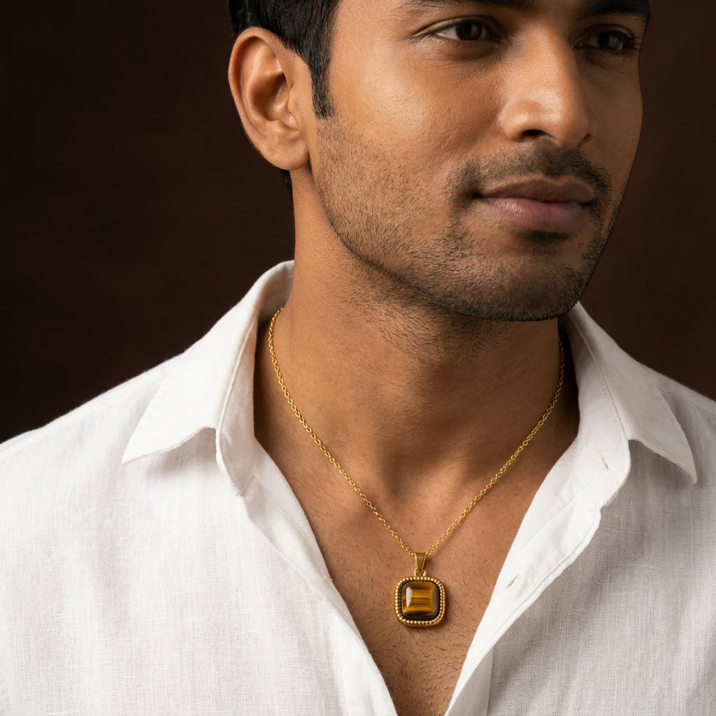 Tiger Eye Center Piece Men's Dainty Necklace | 18K PVD Gold Plated - For Men| Includes: Necklace