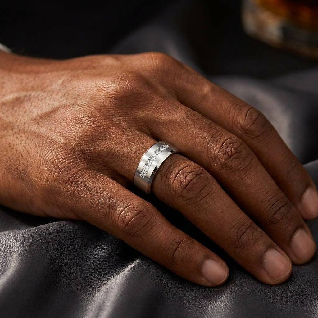 Steel Titanium Zircon Stub Modern Ring | PVD Plated– For Men | Includes: Ring