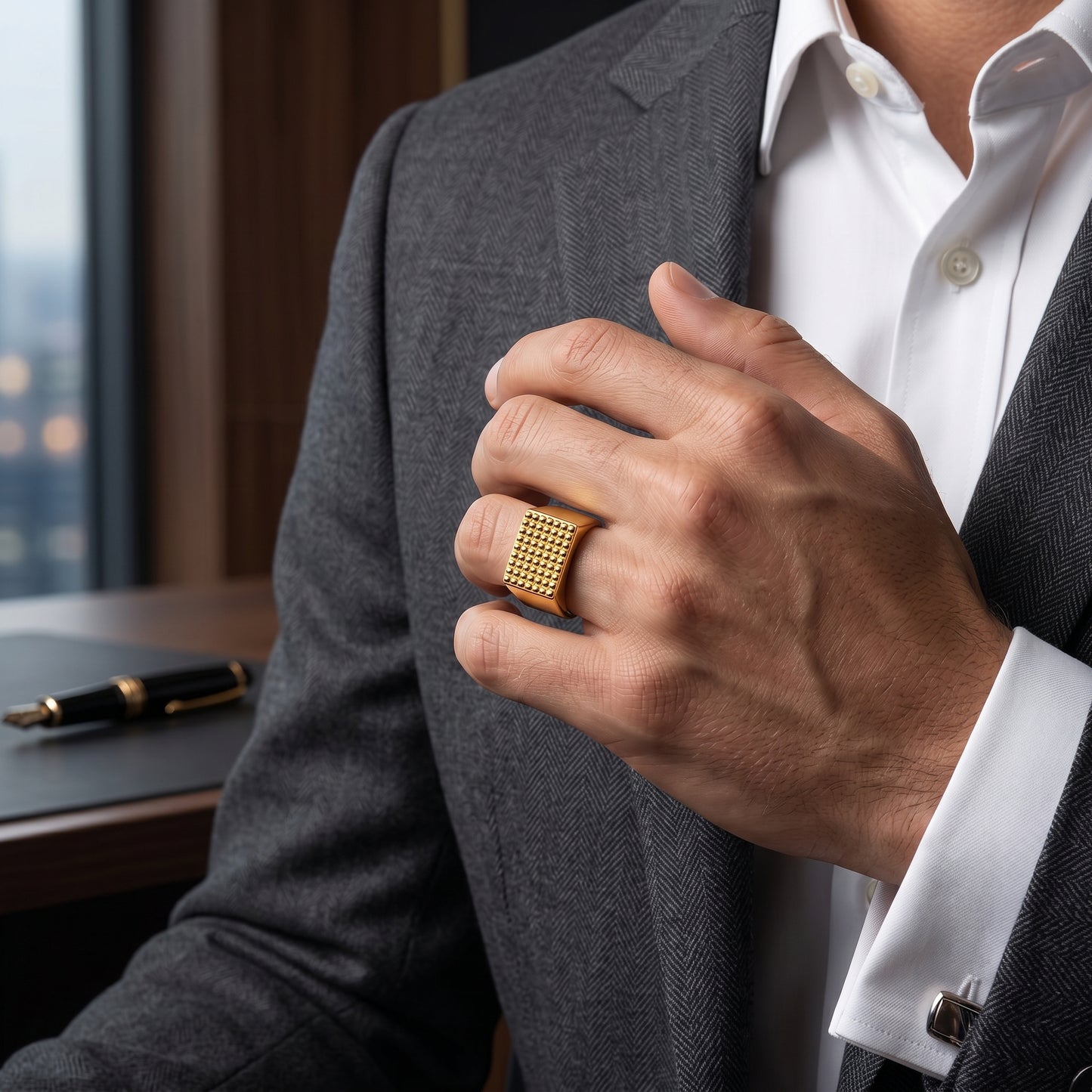 Golden Mosaic Dot Bold Steel Ring | 18K Real Gold PVD Plated– For Men | Includes: Ring