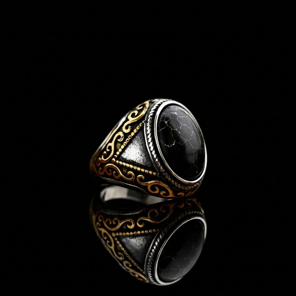Black Turquoise Stone Arabic Ring | Titanium Steel– For Men | Includes: Ring