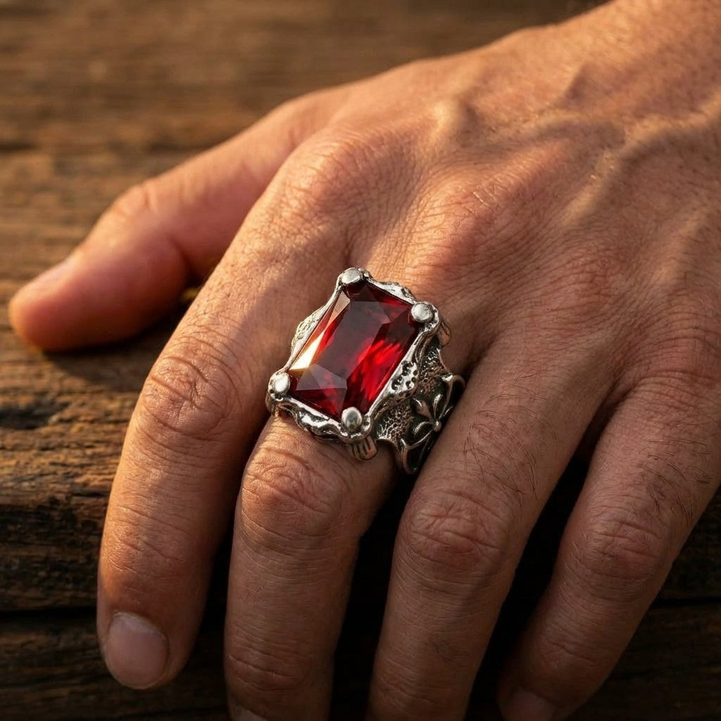 Red Zircon BOLD Iranian Sword Ring | Titanium Steel– For Men | Includes: Ring