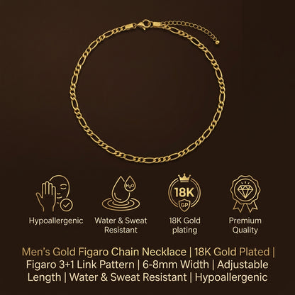 Golden Figaro Regular Steel Chain (6mm) | 18K PVD Gold Plated- For Men| Includes: Necklace