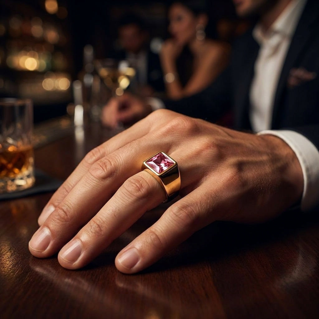 Golden Regular Pink Square Zircon Titanium Ring | 18K Real Gold PVD Plated– For Men | Includes: Ring