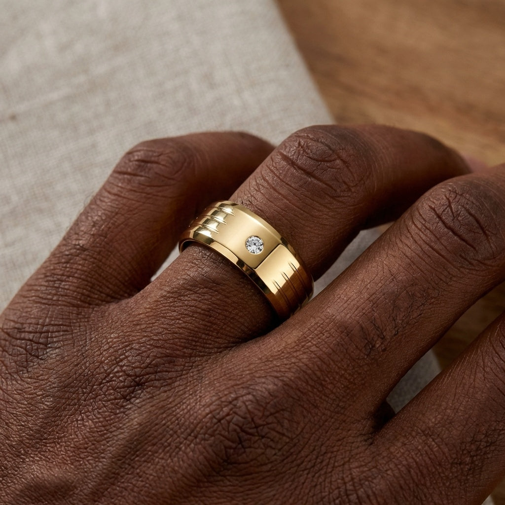 Solitire Mini Zircon Titanium Steel Golden Ring | 18K Real Gold PVD Plated– For Men | Includes: Ring