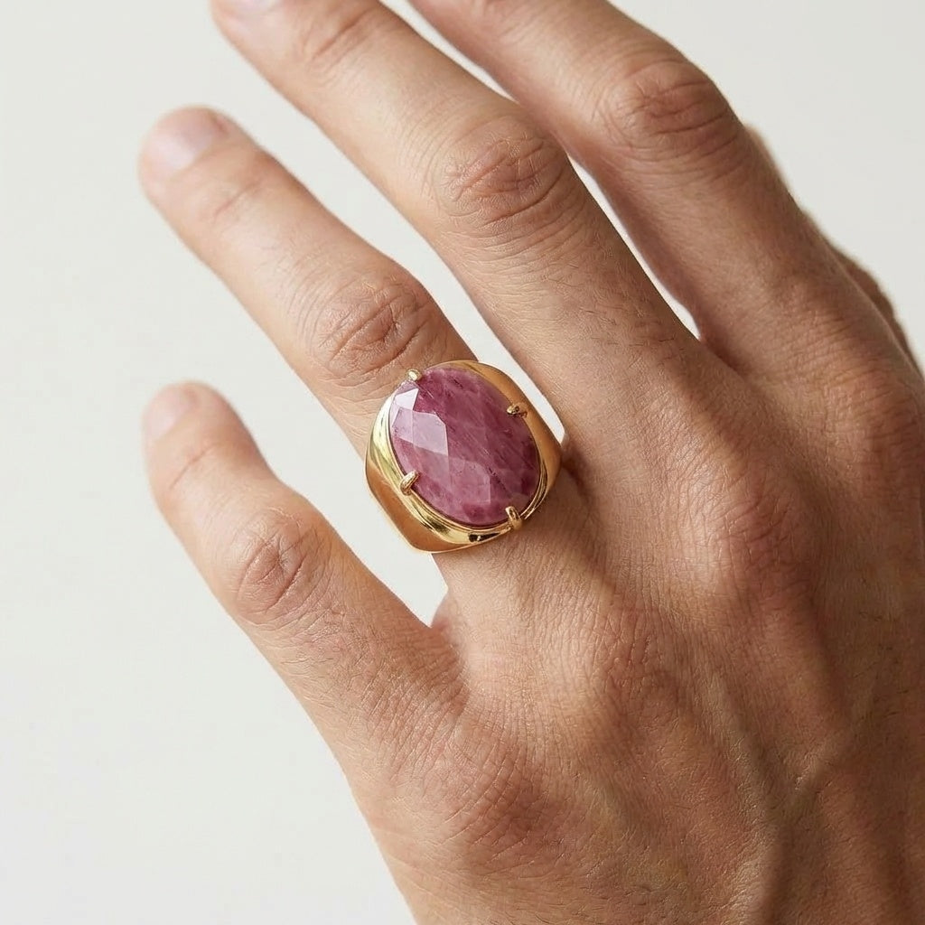 Natural Berry Quartz Faceted Stone Golden Flexi Size Ring | 18K Real Gold PVD Plated– For Men | Includes: Ring