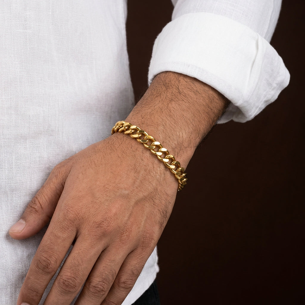 Golden Lean-Link Flexi Size Steel BOLD Bracelet (9MM) | 18K PVD Gold Plated- For Men | Includes: Bracelet