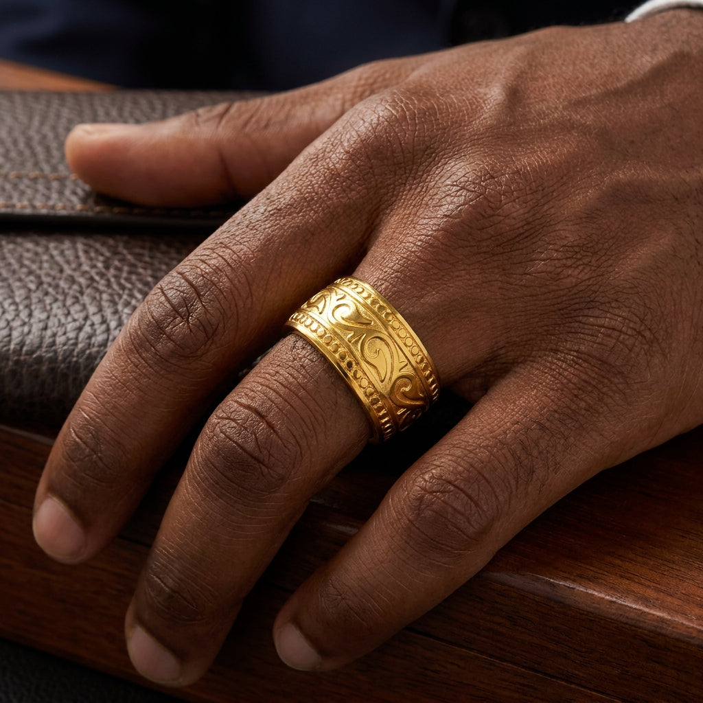 Golden Heritage Designer Steel Ring | 18K Real Gold PVD Plated– For Men | Includes: Ring