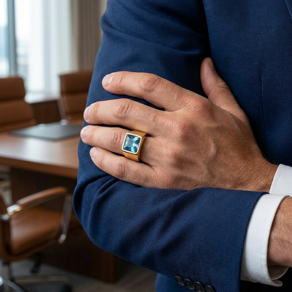 Golden Regular Light Blue Square Zircon Titanium Ring | 18K Real Gold PVD Plated– For Men | Includes: Ring