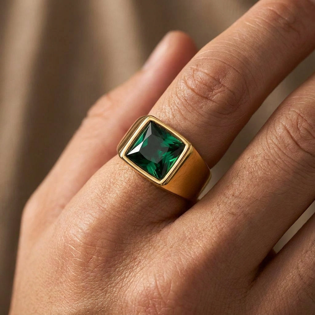 Golden Regular Green Square Zircon Titanium Ring | 18K Real Gold PVD Plated– For Men | Includes: Ring
