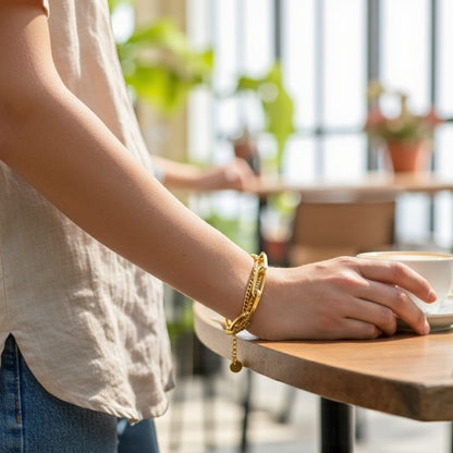 Dual Layer Rolo Chain Bracelet | 18K PVD Gold Plated - For Women | Includes: Bracelet