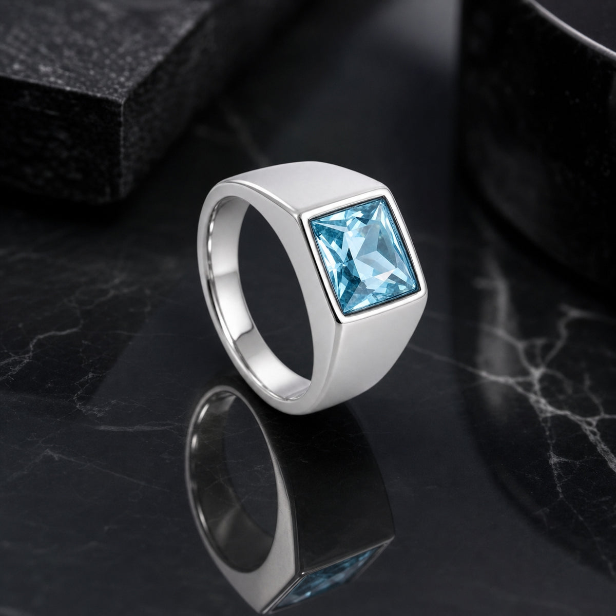 Regular Watery Blue Square Zircon Titanium Ring | PVD Plated– For Men | Includes: Ring