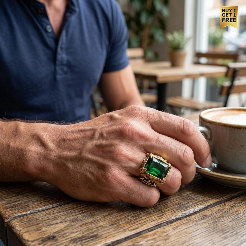 Green Zircon BOLD Iranian Golden Titanium Ring | 18K Real Gold PVD Plated– For Men | Includes: Ring