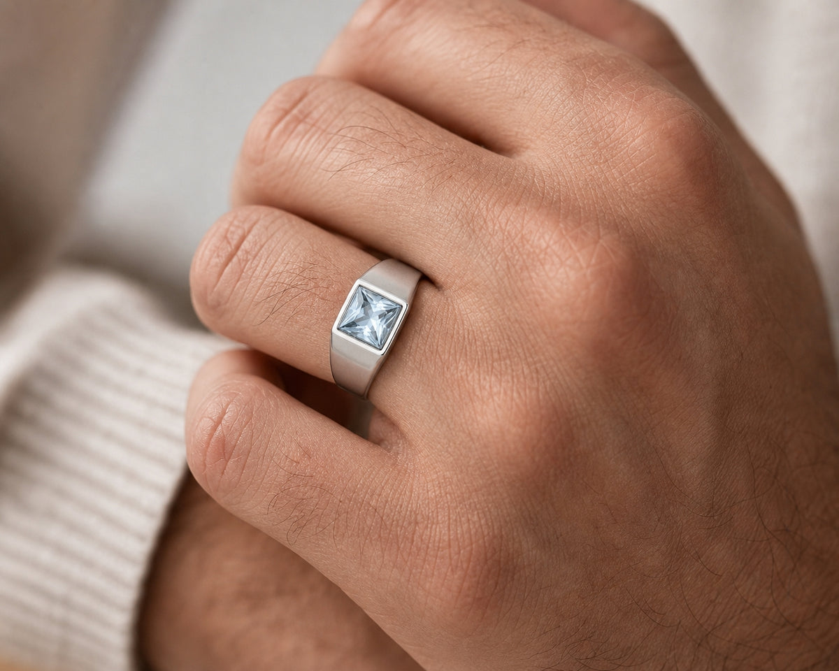 Regular Watery Blue Square Zircon Titanium Ring | PVD Plated– For Men | Includes: Ring