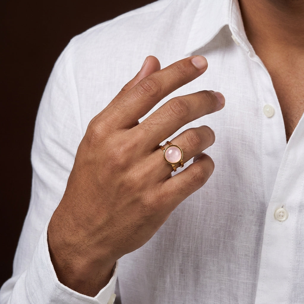 Rose Quartz Real Stone Flexi Size Golden Ring | 18K Real Gold PVD Plated– For Men | Includes: Ring