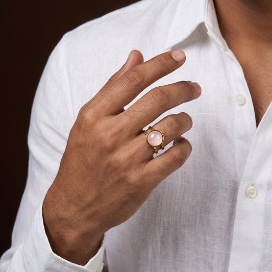 Rose Quartz Real Stone Flexi Size Golden Ring | 18K Real Gold PVD Plated– For Men | Includes: Ring
